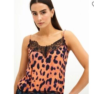 NWT Alaniz 100% Viscose Animal Print Orange Black Laced Ribbed Tank Top Shirt XS